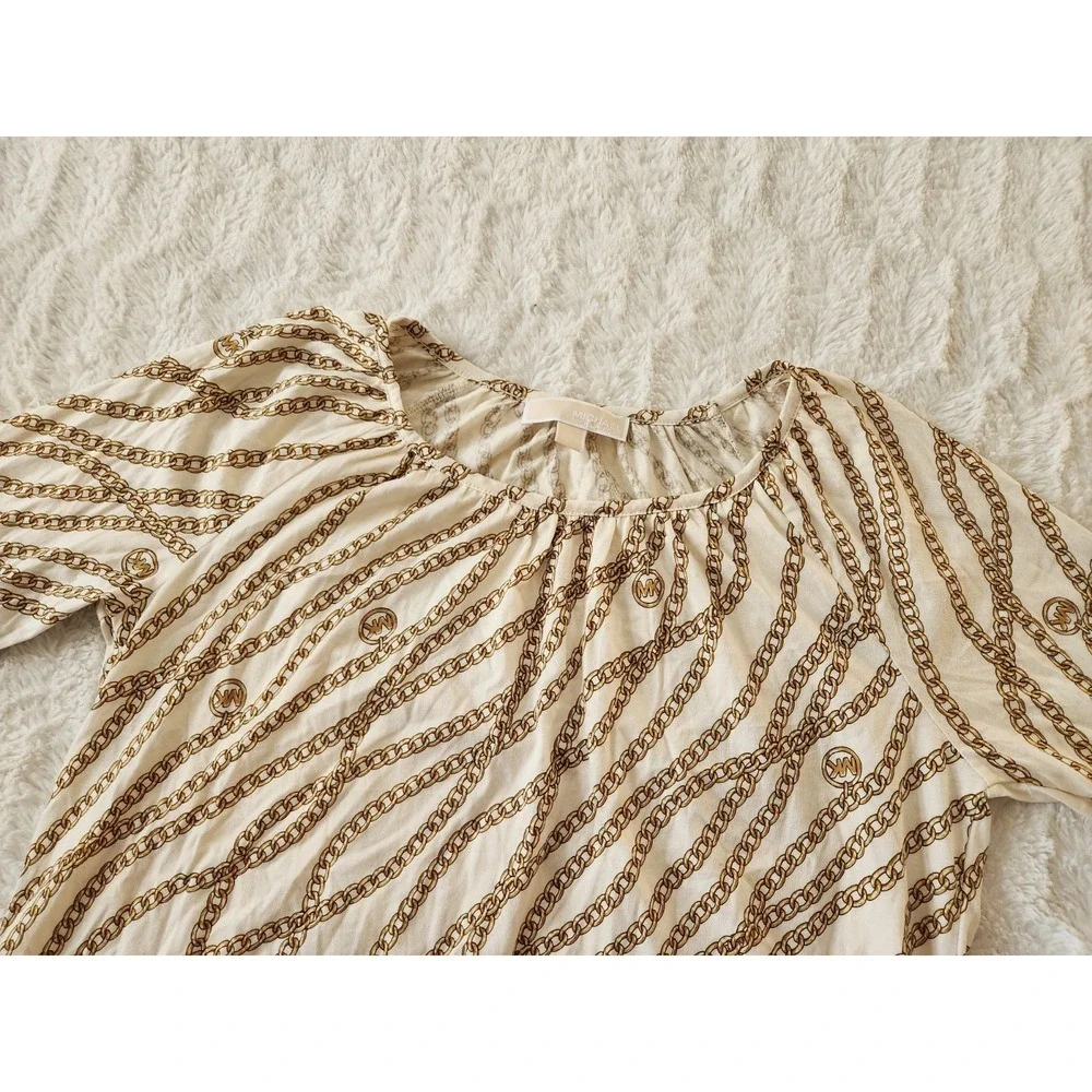 Michael Kors White Gold Chain Logo Tunic Bell Sleeve Top‎ Size Small